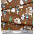 thumbnail image 2 of Soimoi Brown Japan Crepe Satin Fabric Snowman,House & Tree Christmas Print Fabric by the Yard 42 Inch Wide, 2 of 3