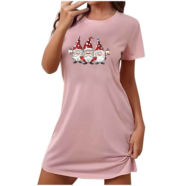 Levmjia Nuisettes en Coton pour Femmes à Manches Courtes, Vêtements de Nuit Doux d'Été, Confortables, Coupe Ample, Robe de Nuit Imprimée à Col Rond pour Grande Taille, Pyjamas Décontractés pour la Maison