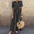 thumbnail image 1 of EGNMCR Robes de Fête pour Femmes Femmes Bouton Ample Imprimé Col en V Imitation Denim Manches Courtes Longue Robe, 1 of 5