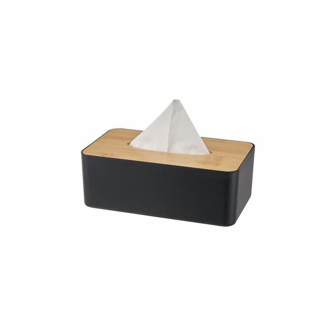 Mainstays Bamboo Tissue Box Black with a rectangular black plastic base and natural bamboo cover featuring a wide opening holding a white tissue, designed for kitchenware and countertop organization, also suitable as a stylish desk accessory.