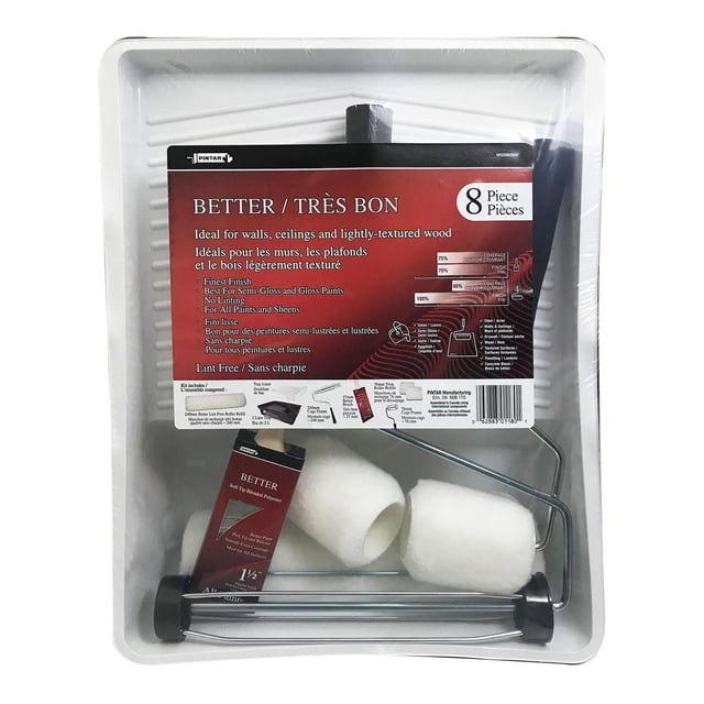 Pintar Meilleur Ensemble de Peinture de 8 Pcs dans un Plateau Blanc avec une Recharge de Rouleau Sans Charpie de 9,5 Po, un Plateau et une Doublure de Peinture de 2 Litres, un Cadre en cage de 9,5 Po, une Brosse Inclinée de 1,5 Po, Deux Recharges de Rouleau de Coupe Sans Charpie de 3 Po et un Cadre en cage de 3 Po, Idéal pour Murs, Plafonds et Bois à Texture Légère avec Peintures Semi-Lustrées et Lustrées.