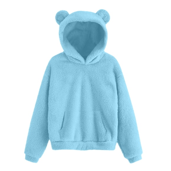 VINUSLI Teen Oversized Hoodies Double Fleece Pullover Solid Fall Hoodie with Cute Ear And Pocket Warm Long Sleeve Sweatshirt Blue,6-7 years