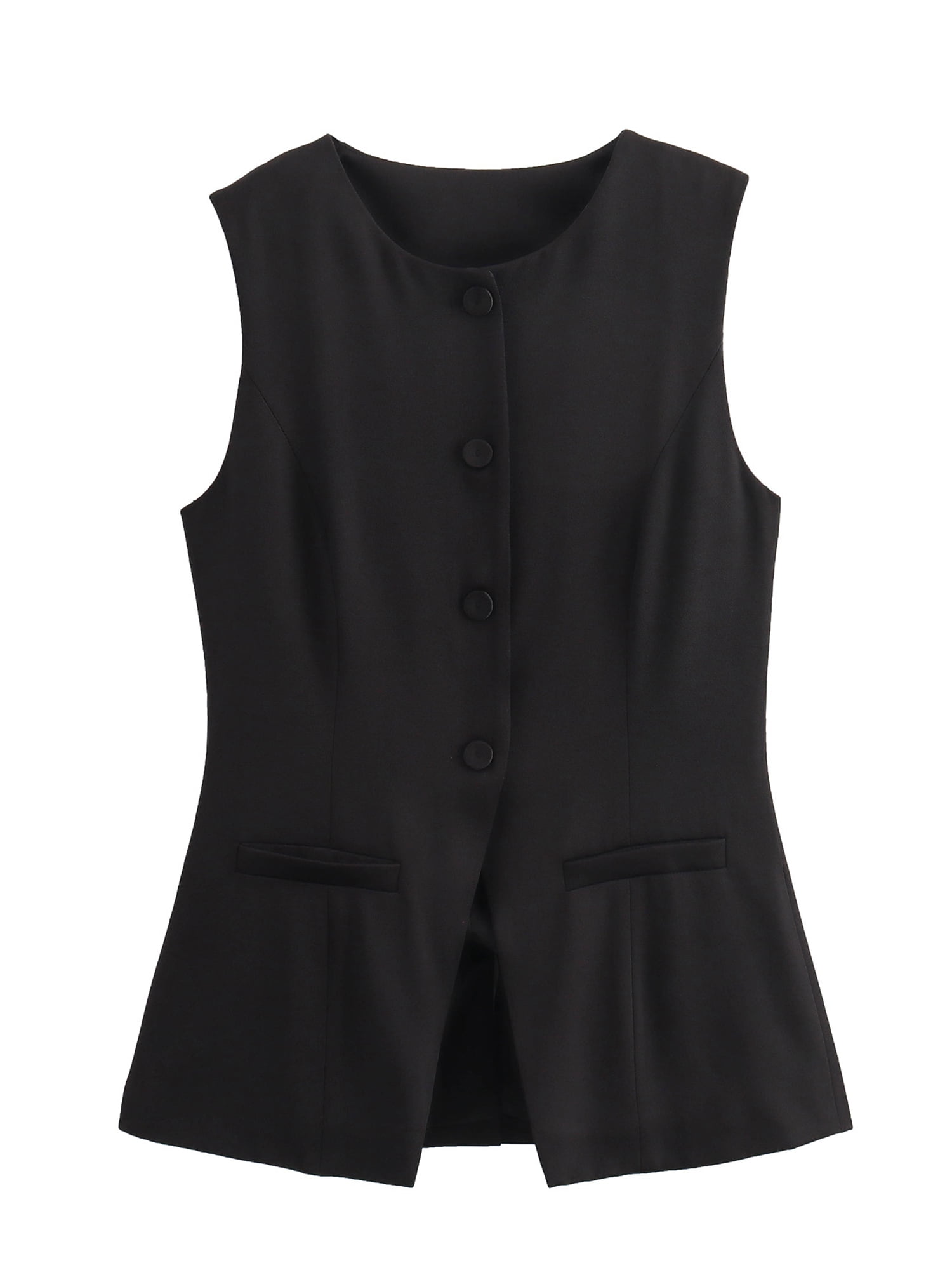 Gupgi Women Long Waistcoat Button Down Vest Sleeveless Round Neck Solid Color Slim Fit Tank Tops