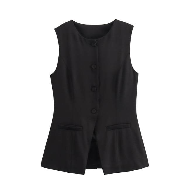 Gupgi Women Long Waistcoat Button Down Vest Sleeveless Round Neck Solid Color Slim Fit Tank Tops. This women's vest features a button-down front, round neckline, and sleeveless design in a solid black color. Made from 100% recycled polyester, it has a slim fit with a split hem and faux pockets for a chic and dressy look. Suitable for pairing with various outfits, including shirts, pants, or skirts, and ideal for occasions like office wear, parties, or casual outings.