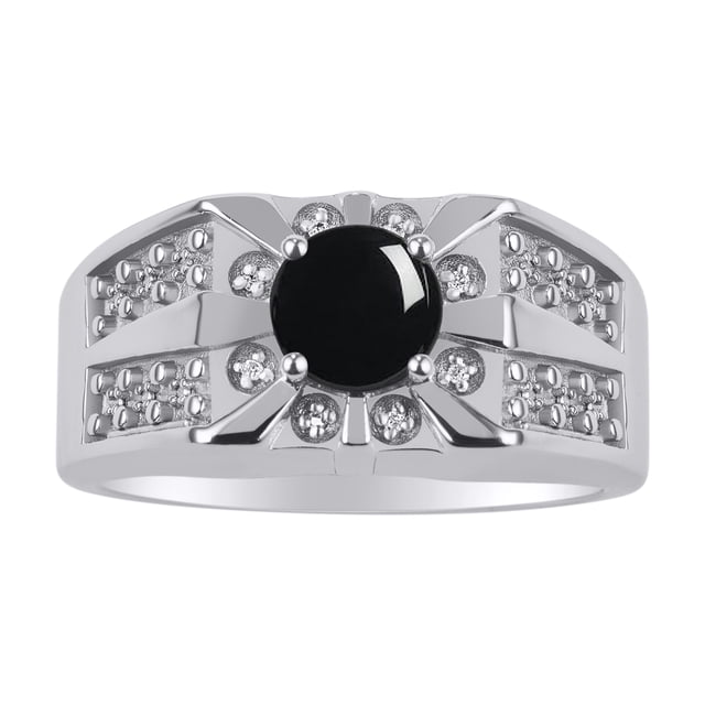 RYLOS Men's Rings Sterling Silver Designer Starburst 7MM Round Gemstone & Diamond Ring Cabochon Onyx October Size 11