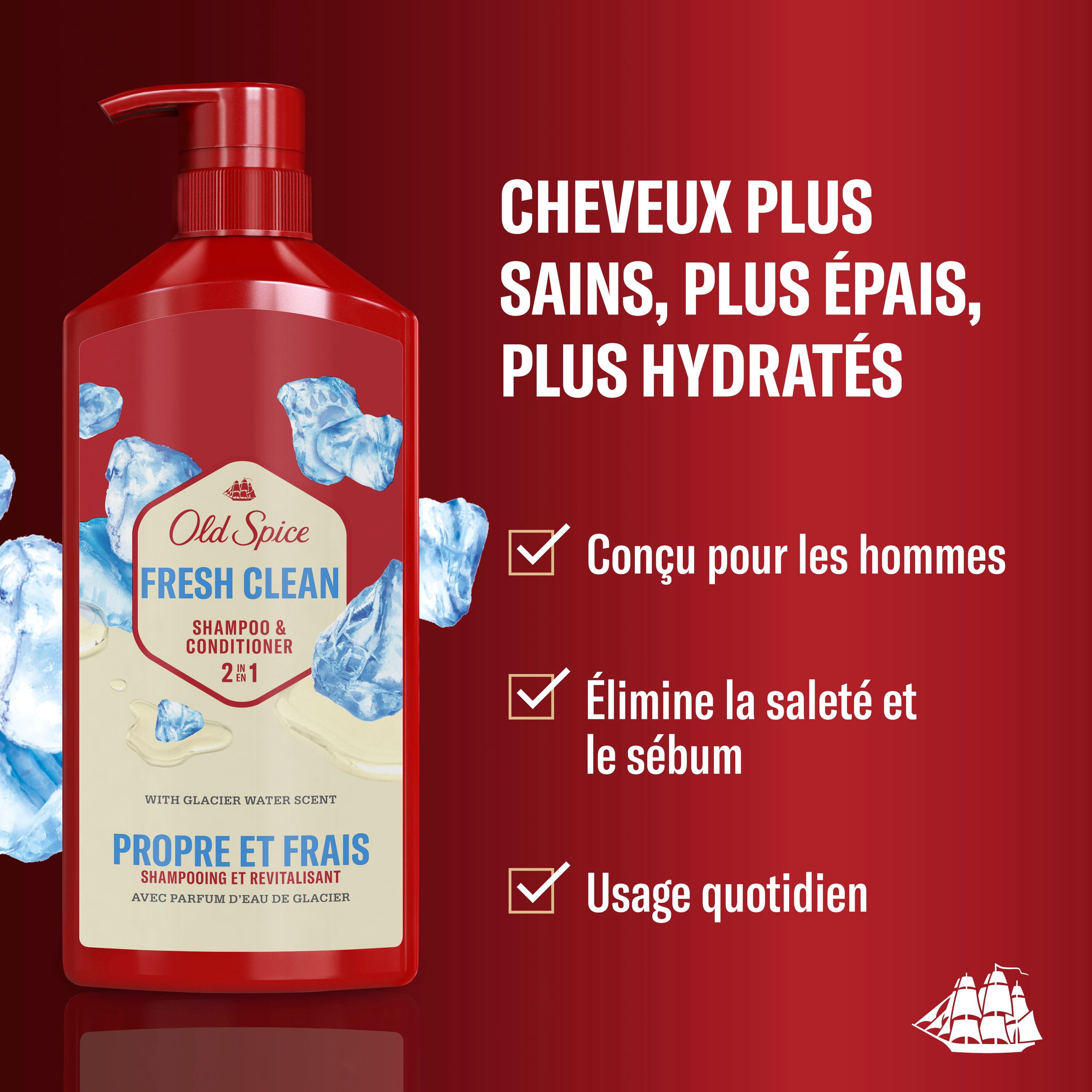 Old Spice Shampooing et Revitalisant 2 en 1 Propre Frais pour Hommes au Parfum d'Eau de Glacier, des Cheveux Épais Santé