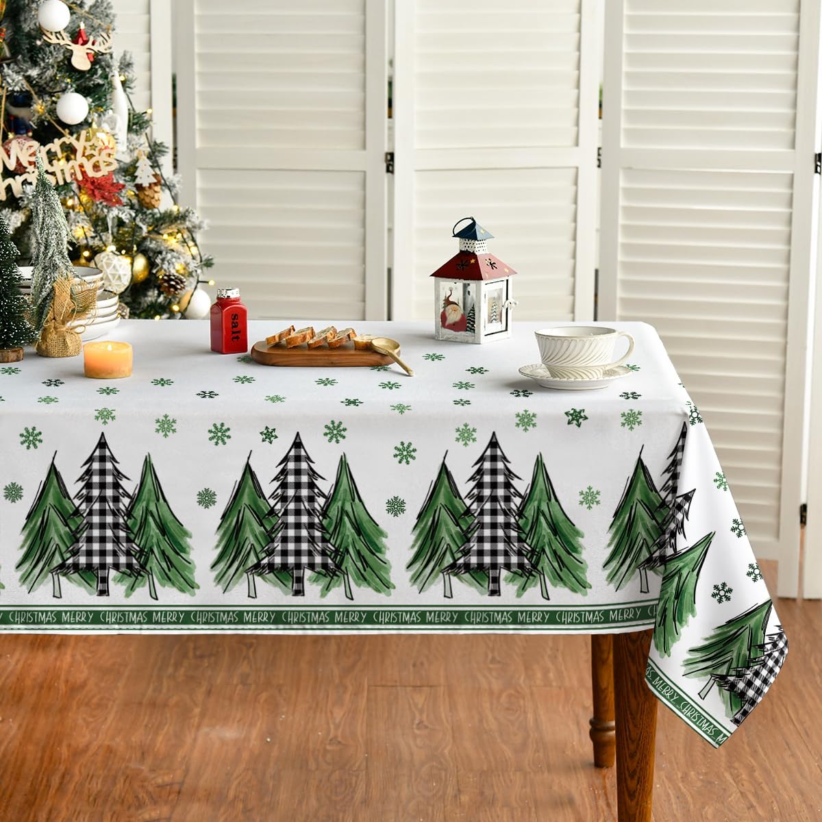 Christmas Tablecloth 60×84 Inch Rectangular, Trees Snow Green Washable Table Cover for Party Picnic Dinner Decor