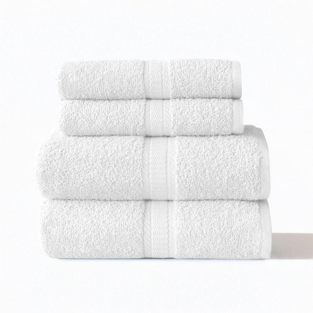 Mainstays 4pk Bundle Set - 2 Hand Towels, 2 Bath Towels stacked in white cotton with textured bands, featuring soft, absorbent, quick-drying fabric that is machine washable and suitable for dorm or bathroom use.