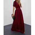 thumbnail image 3 of Robe Maxi en Dentelle à Manches Courtes Col en V Profond Bourgogne pour Femmes, 3 of 10
