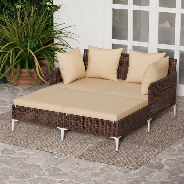Gymax Outdoor Rattan Double Daybed Wicker Chaise Lounge for 2 w/ Seat & Back Cushions Brown
