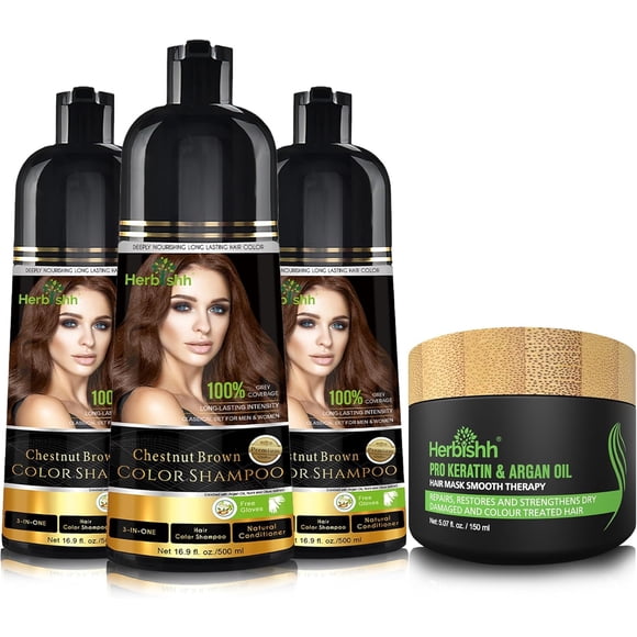 Herbishh Chestnut Brown Hair Color Shampoo for Gray Hair, Hair Dye Shampoo with Argan Hair Mask,3 in 1, 100% Gray Coverage, Permanent Hair Color for Men & Women, Ammonia-free, (Pack of 3)