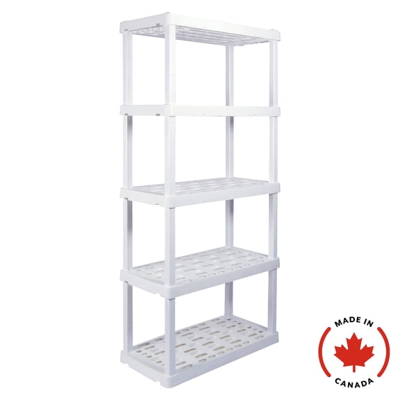 Étagère en plastique ultra-résistante fabriquée au Canada, 5 niveaux, 74 po H x 18 po P x 36 po L, blanche, capacité totale de 750 lb