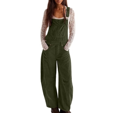 Womens Bib Overalls Loose Fit Corduroy Sleeveless Tank Top Jumpsuit with Pocket Adjustable Casual Wide Leg Rompers, Army Green, L