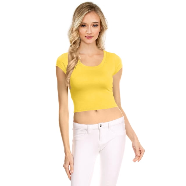 NYL Womens Basic Short Sleeve Scoop Neck Crop Top - USA, XXX-Large, Yellow