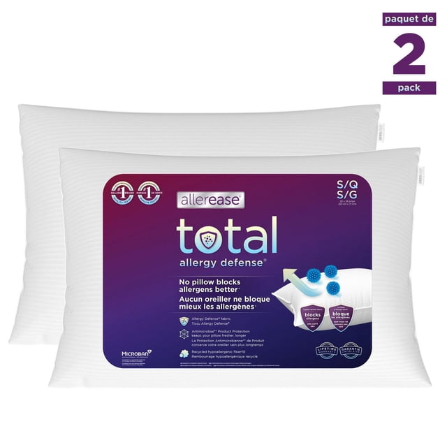 AllerEase Total Allergy Defense Antimicrobial Bed Pillow Standard Size, 2 pack with two white textured pillows featuring allergy defense fabric that blocks allergens, antimicrobial protection to inhibit odor-causing bacteria, and recycled hypoallergenic fiber fill, ideal for maintaining a clean sleep environment.