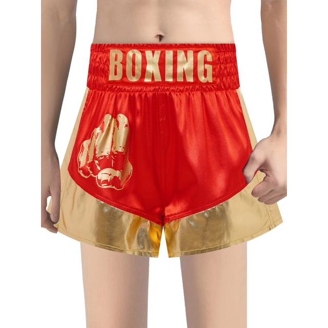 Xnihocha Unisex Kids Satin Boxing Shorts Metallic Color Block Boxer Kickboxing Muay Thai Training Trunks Red&Gold 6