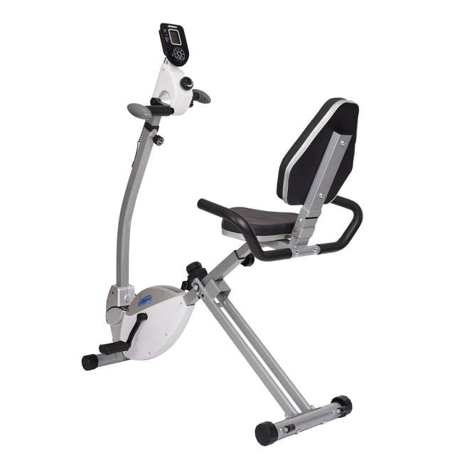Stamina Recumbent Exercise Bike with Upper Body Exerciser in silver and black, with padded seat and backrest, ergonomic padded handles, adjustable eight-level magnetic resistance, tension dial for upper body, and digital monitor for workout tracking.