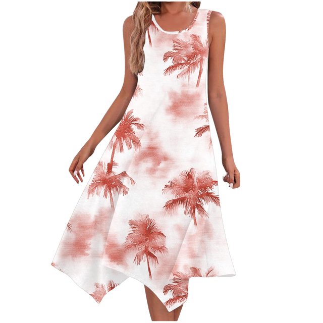Ovzne Robes pour Femmes Robe pour Femme Femme Mode Été Plage Imprimé Poches Camisole Col Rond Sans Manches Robes Camisole Robe de Vacances Imprimée Liquidation
