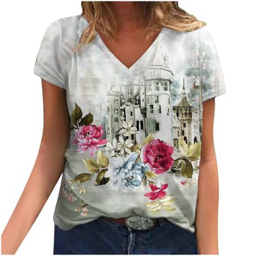 Heliisoer Womens Tops, Summer Clearance Fashion Woman Causal V-Neck Printing Blouse Short Sleeve T-Shirt Summer Tops