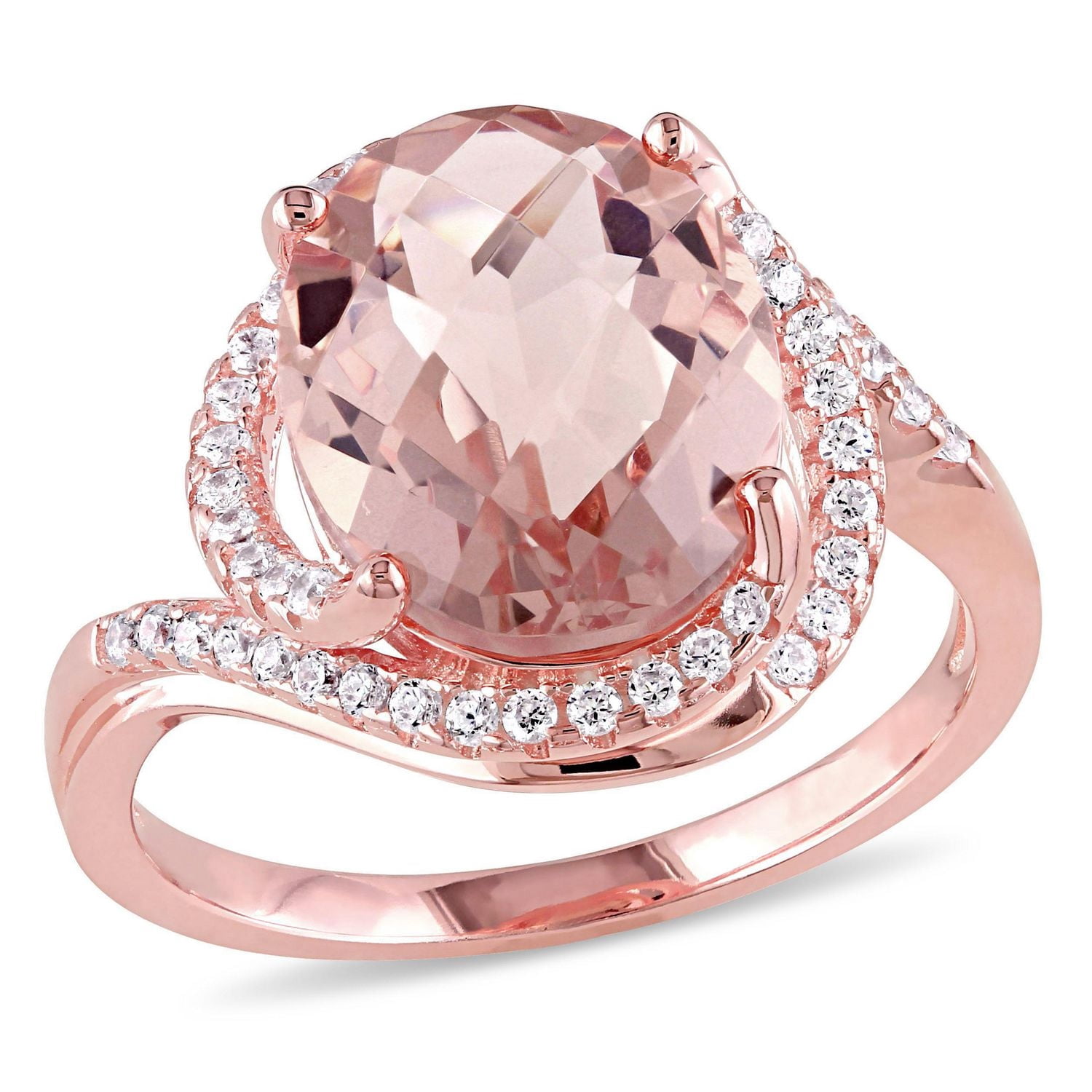 Miabella Simulated Morganite and Cubic Zirconia Rose Rhodium-Plated Sterling Silver Halo Cocktail Ring