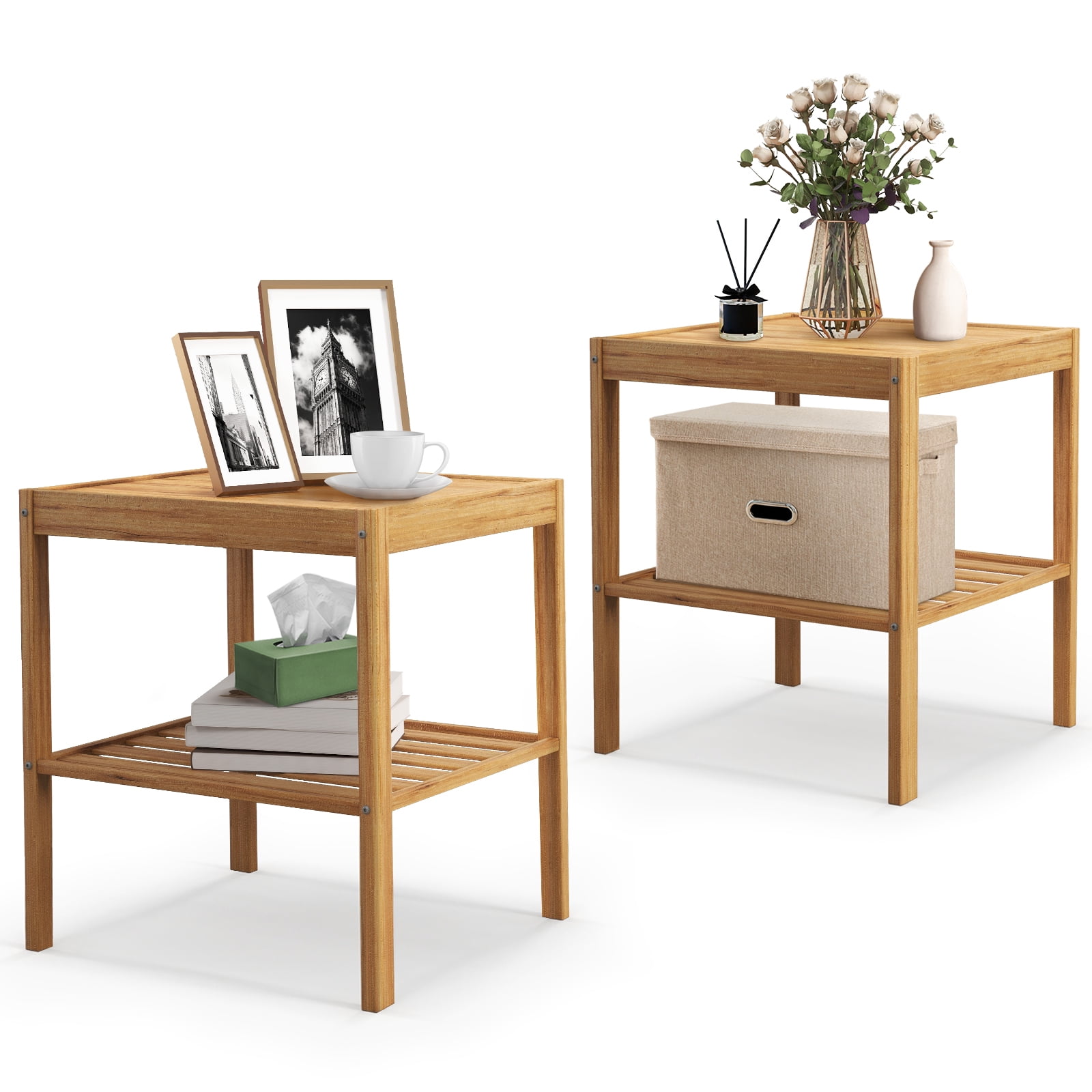 Patiojoy Bamboo Nightstand Set of 2 2-Tier Side Table w/ Bottom Shelf Square End Table Beside Sofa & Bed Compact Nightstand for Small Space