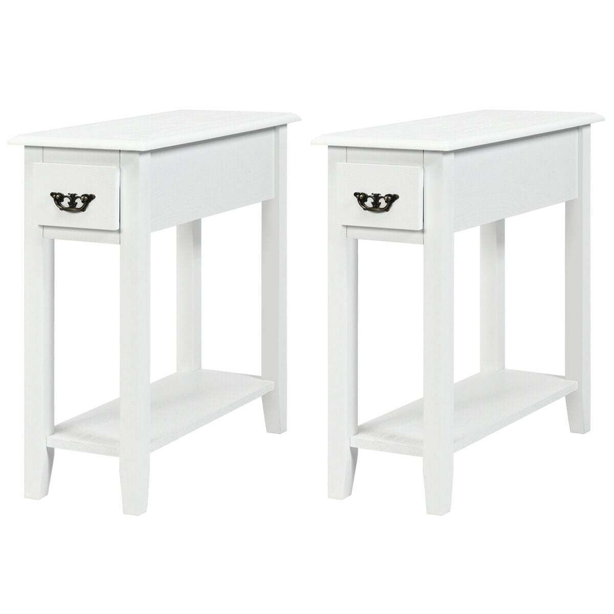 Patiojoy Set of 2 White 2 Tier Narrow Nightstand End Bedside Sofa Side Table W/ Drawer & Shelf