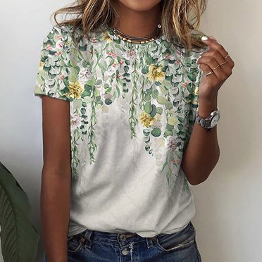 SMihono Hauts pour Femmes Été Chic Décontracté Mode Femme Été Aguichant Plissé Imprimé Régulier Femme Manches Courtes Col Rond Bouton Haut T-Shirt Oversize pour Femmes