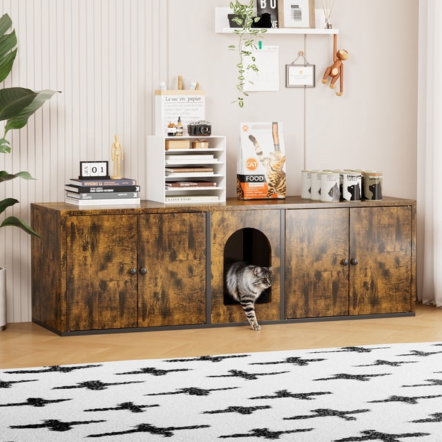 YODOLLA Meuble Double pour Litière pour 2 Chats avec Rangement, Brun