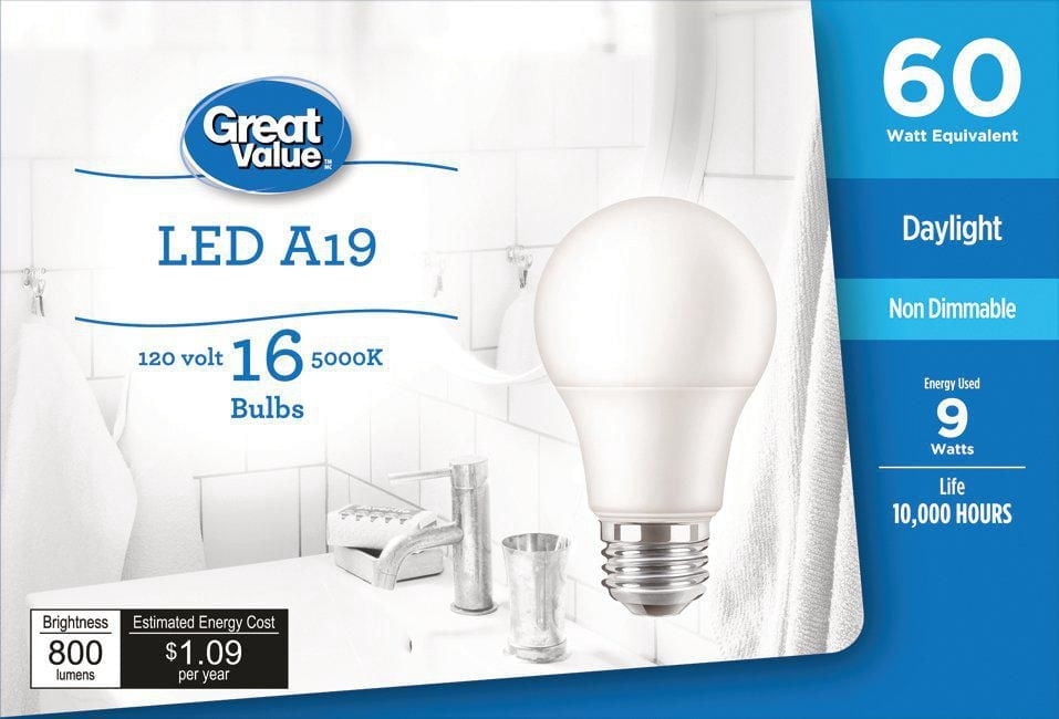 Great Value 60W A19 Daylight LED bulbs 16 Pack