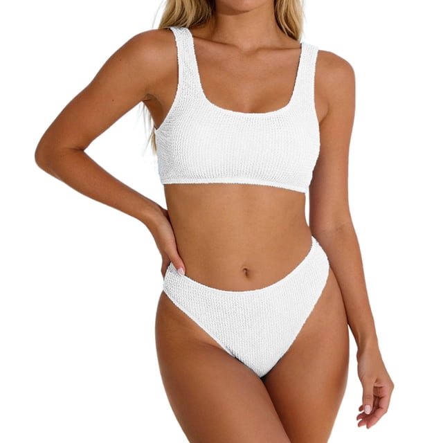 Rugged Ribbed Two Piece Bikini Set Featuring Wide Strap Top and Mid Waist Swimwear For All Seasons Beachwear