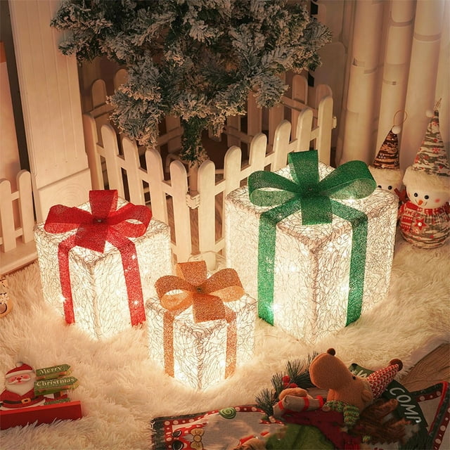 Matoen12 New Christmas Gift Box Three-piece Set Folding Luminous Light String Holiday Props Gift Box Ornaments Decorative Lights
