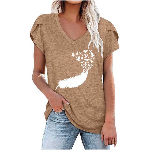EQWLJWE Hauts à Col en V pour Femmes Mode T-shirt Blouse Décontractée d'Été à Col en V à Manches Courtes Imprimée Hauts d'Été pour Femmes 2023
