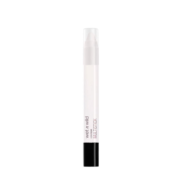 Coloricon Multistick - Vue Frontale Nacrée d'Un Bâton de Maquillage Mince à Retouche Rapide avec Baume Crème-à-Poudre Ton sur Nacre et base Noire, Bout Arrondi visible; une Petite Échantillon Montre une Brillance Nacrée Métallique sur l'Avant-bras dans un Arrière-Plan de studio Neutre, Convient pour une Utilisation sur les Lèvres, les Joues et les Yeux pour des Retouches Prêtes pour le Voyage.