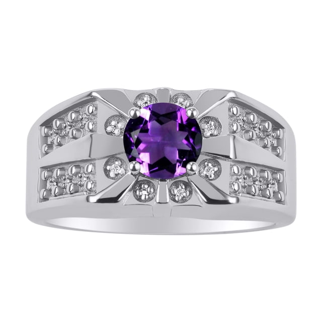 RYLOS Men's Rings Sterling Silver Designer Starburst 7MM Round Gemstone & Diamond Ring Amethyst February Birthstone Size 10