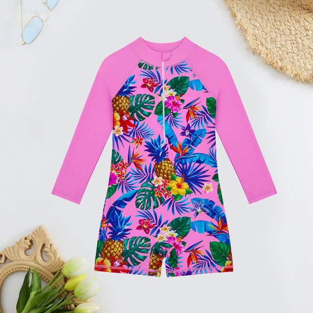 Kid Girls Swimming Bathing Suit Rash Guard Floral Printing Sun Protection Long Sleeve Bathing Suit for Girls 4-5Y