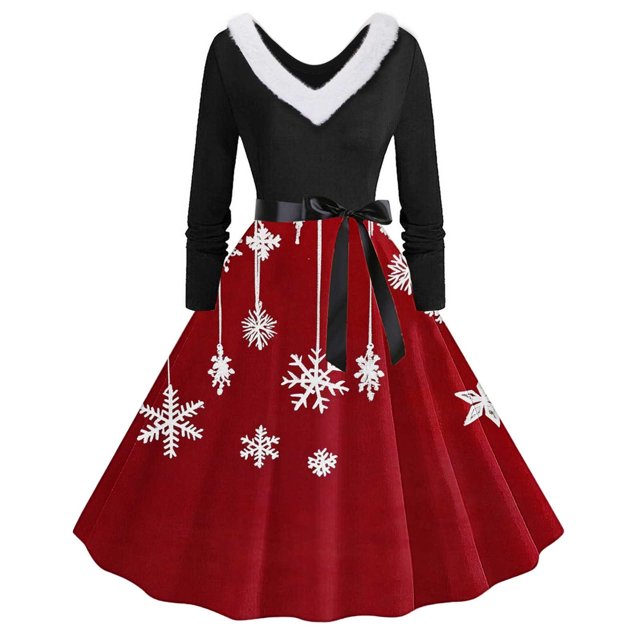 TIMIFIS Robes de Noël pour Femmes, Robes Maxi pour Femmes Robe Vintage de Vacances Manches Longues Col en V en Fourrure Robe Dos Nu