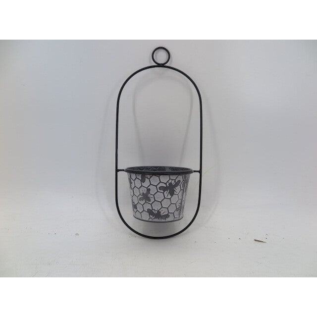 Black With White Washed Silver Pot With Bee And Honeycomb Pattern Wall Planter