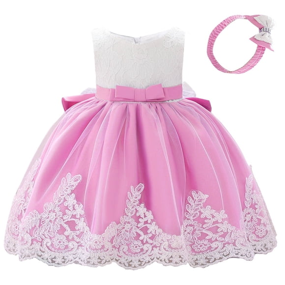 Zwiiyzr Toddler Girls Net Yarn Embroidery Rhinestone Bowknot Birthday Party Gown Long Dresses Headband Suit, Hot Pink, 24 Months