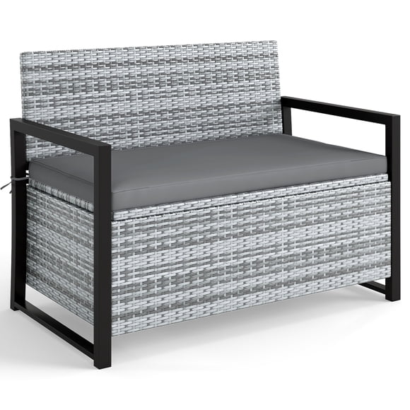 Gymax Patio Storage Bench Wicker Loveseat w/ Built-in Storage & Long Seat Cushion Outdoor Grey