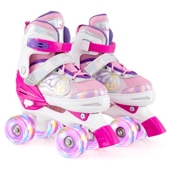 Costway Patins Quads Réglables à 4 Tailles avec Roues Lumineuses Protection de Sécurité pour 8 à 13 Ans Rouge Rose