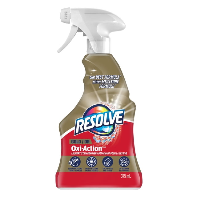Resolve Gold Oxi-Action Laundry Stain Remover Trigger 375 mL with white spray nozzle and gold-red bottle, designed to remove toughest and dried-in stains in cold water within 30 seconds, ideal for pre-treating laundry stains.