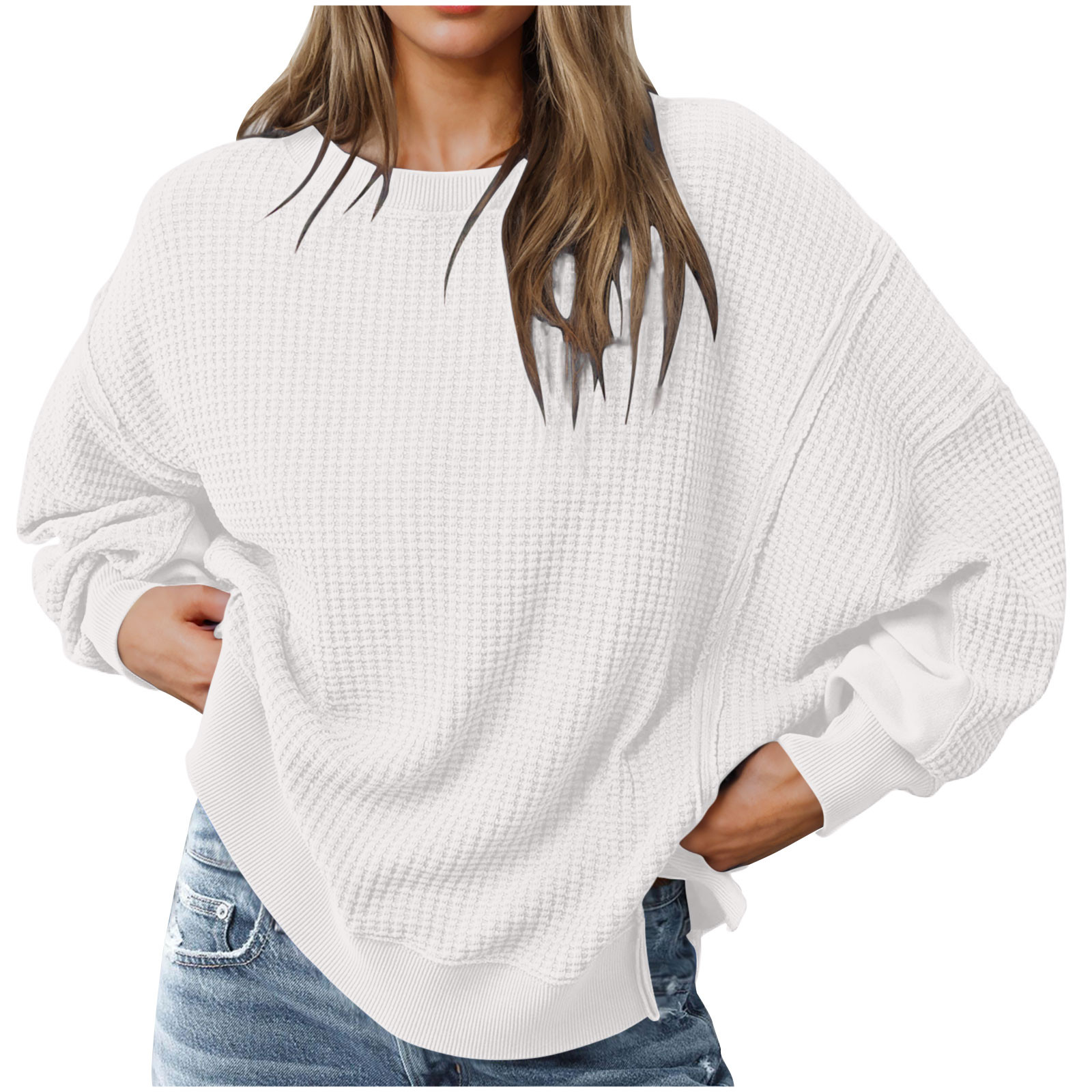 Pisexur Sweatshirts pour Femmes à Manches Longues Côtelées Col Rond Couleur Unie Chandail d'Automne Décontracté Confortable