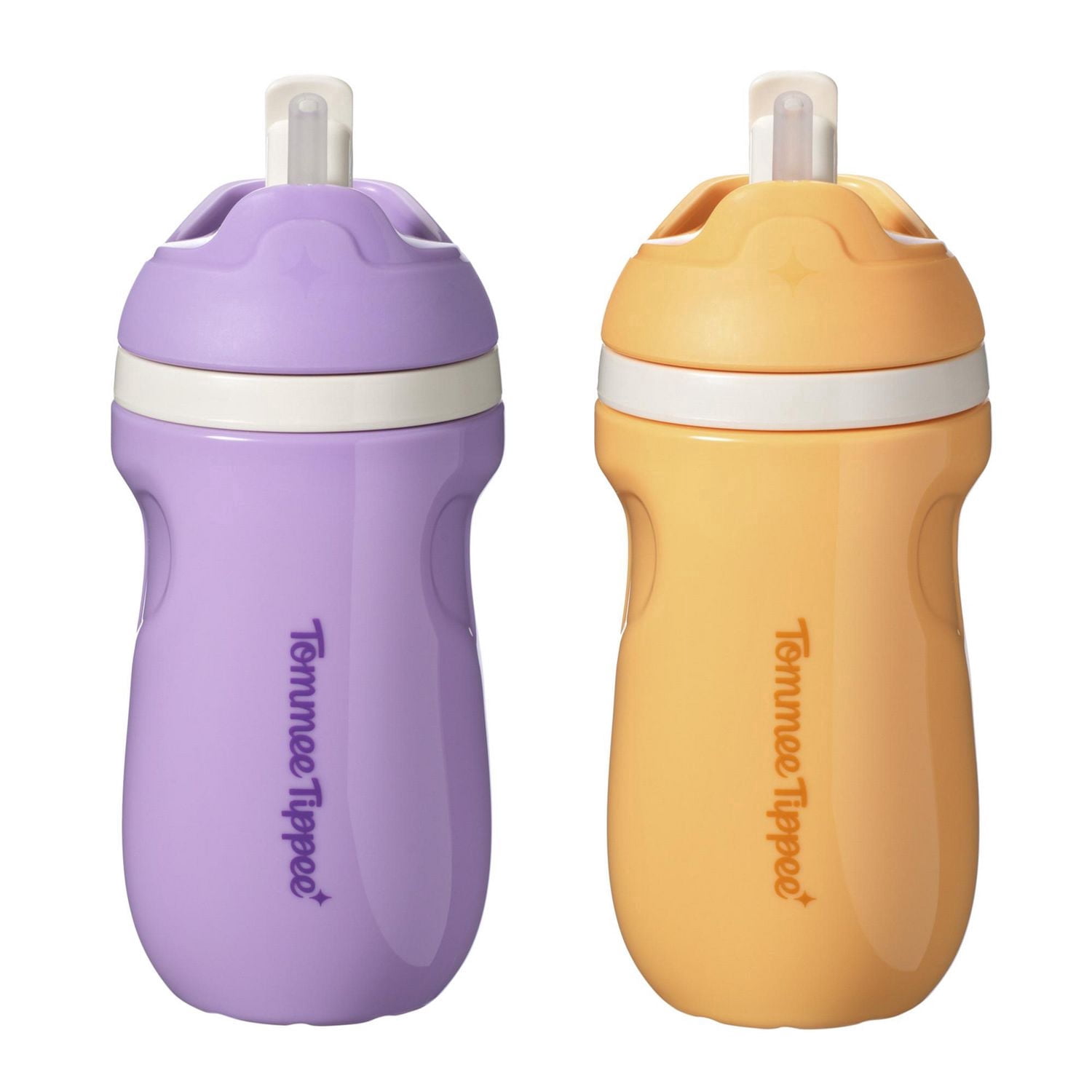 Tommee Tippee Sporty Straw Bottle, 2x9oz, Spill Proof Toddler Water Bottle For 12 Months+, Flip Lid Helps Keep Straw Clean, Purple and Orange