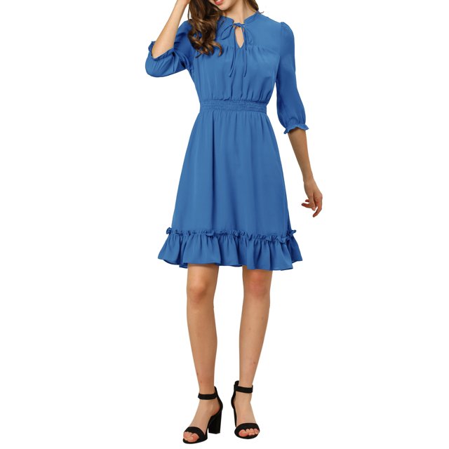 INSPIRE CHIC Juniors Layered Ruffle Hem 3/4 Sleeves Smocked A-Line Chiffon Dress