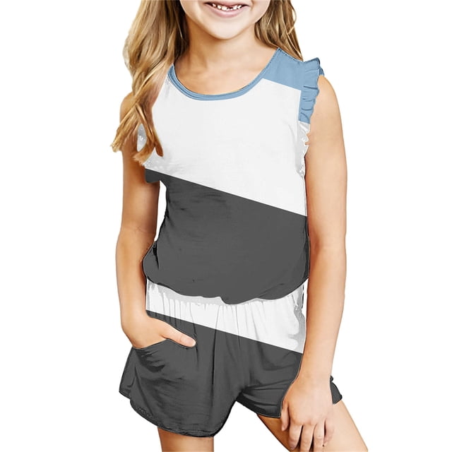 Tranfacy Ensembles d'Été pour Filles, Ensembles d'Été pour Filles, Débardeurs Sans Manches à Col Rond à Agencement de Couleurs pour Filles de 3 à 14 Ans et Shorts, Ensembles d'Été