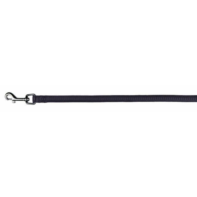 Trixie Soft Line Lead Elegance Black dog leash shown horizontally with a metal clasp on the left. It measures 5.5 ft (1.8 m) by 0.75 in (20 mm), made of padded nylon with black and brown woven-in pattern, featuring double-layered tape and strain relief for durability. The water-repellent padded leash is designed for medium to large dogs and suitable for comfortable daily walks.