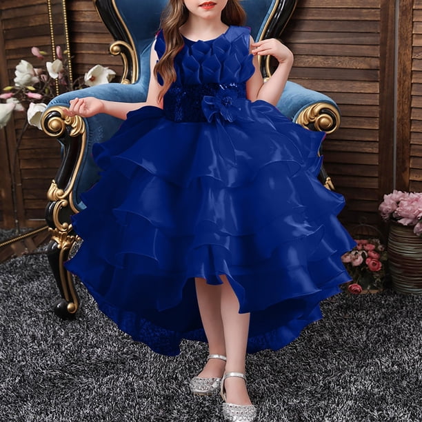 knee length poofy dresses MIASHUI Girls Dress Solid Color Lace Mesh Puffy Trailing Flower Girl Gown Blue,3-4Y Category_Co-ord