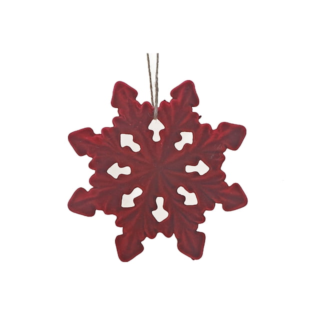 Velvet Snowflake Ornament - Set of 6 featuring a deep red velvet snowflake with intricate cut-out details and a twine loop for hanging, perfect for holiday décor and adding a winter wonderland touch to Christmas trees or festive displays.