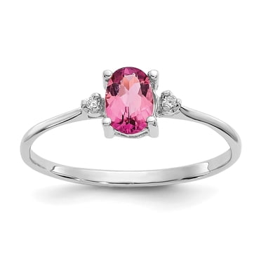 10K White Gold Polished Geniune Dia/Pink Tourmaline Birthstone Ring