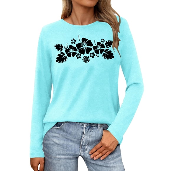 HUITKMM Cotton T Shirts for Women Women's Casual Printed Round Neck Long Sleeve T Shirt
